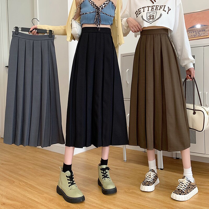Jupe plissée mi-longue pour femmes, printemps, automne et hiver, taille haute, ligne a, tendance