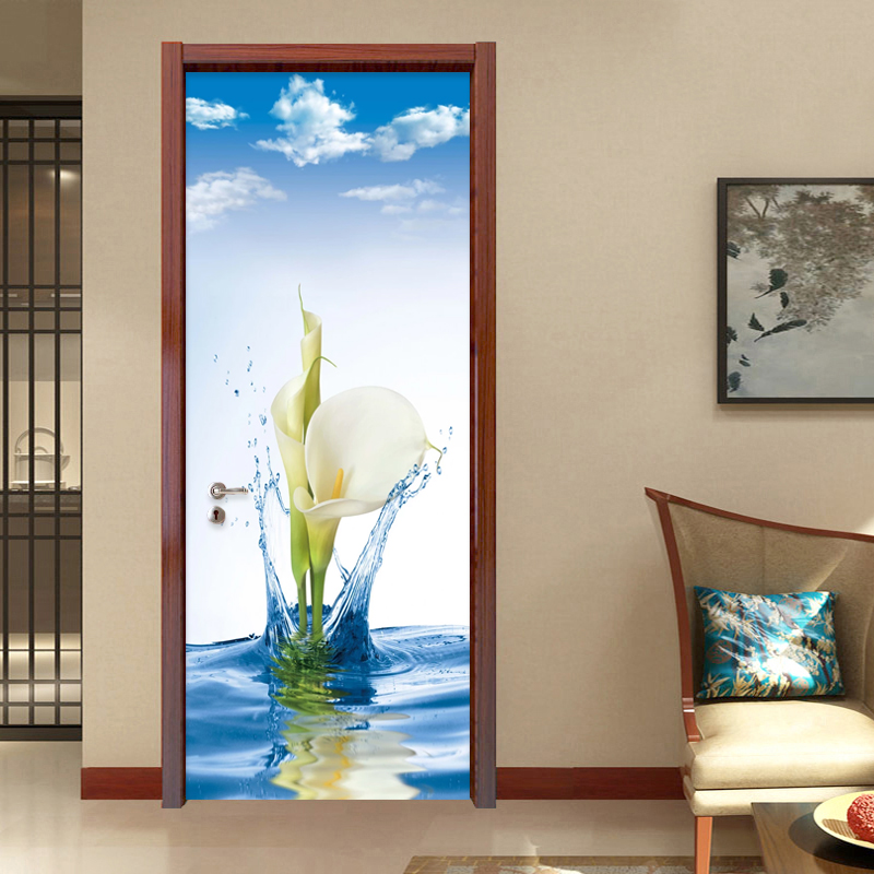 Modern Simple 3D Lily Flowers Wall Door Sticker PVC Self-Adhesive Waterproof Wallpaper Home Decor Living Room Door Decals Murals