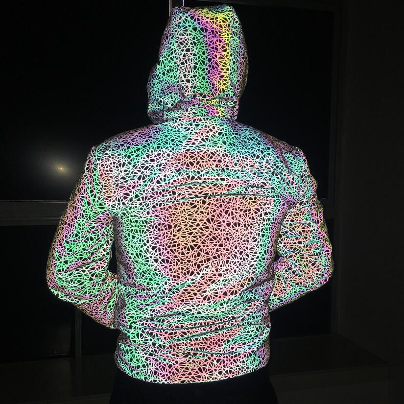Autumn winter men personality colorful stripe reflective jacket hip hop coat women harajuku shiny reflect light chaqueta hombre