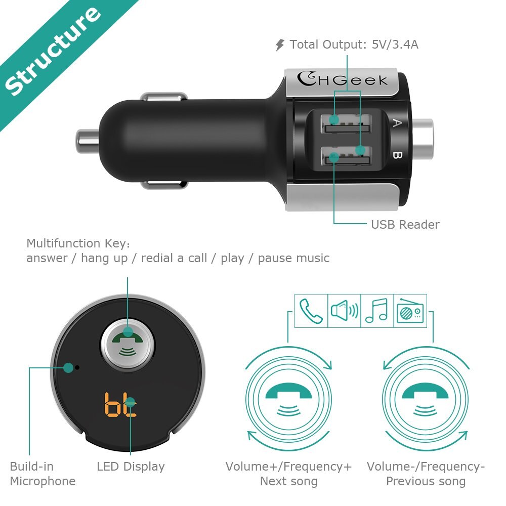 Transmisor Bluetooth para coche, 12-24v, doble USB, pantalla LED,