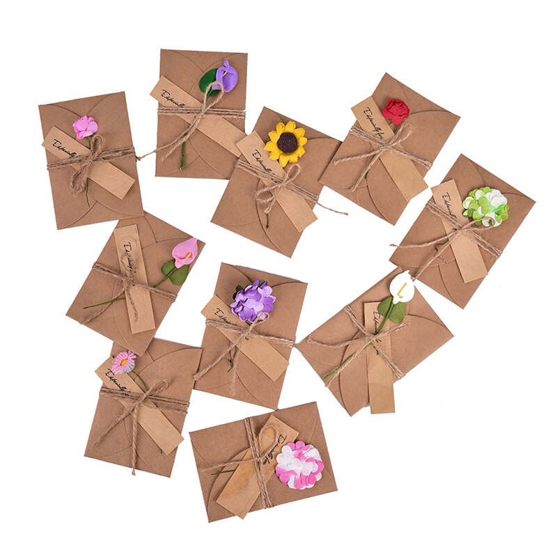 10pcs Handmade Dry Flower Retro DIY Kraft Paper Invitation Greeting Card With Envelope Wedding Party Invitation Envelopes