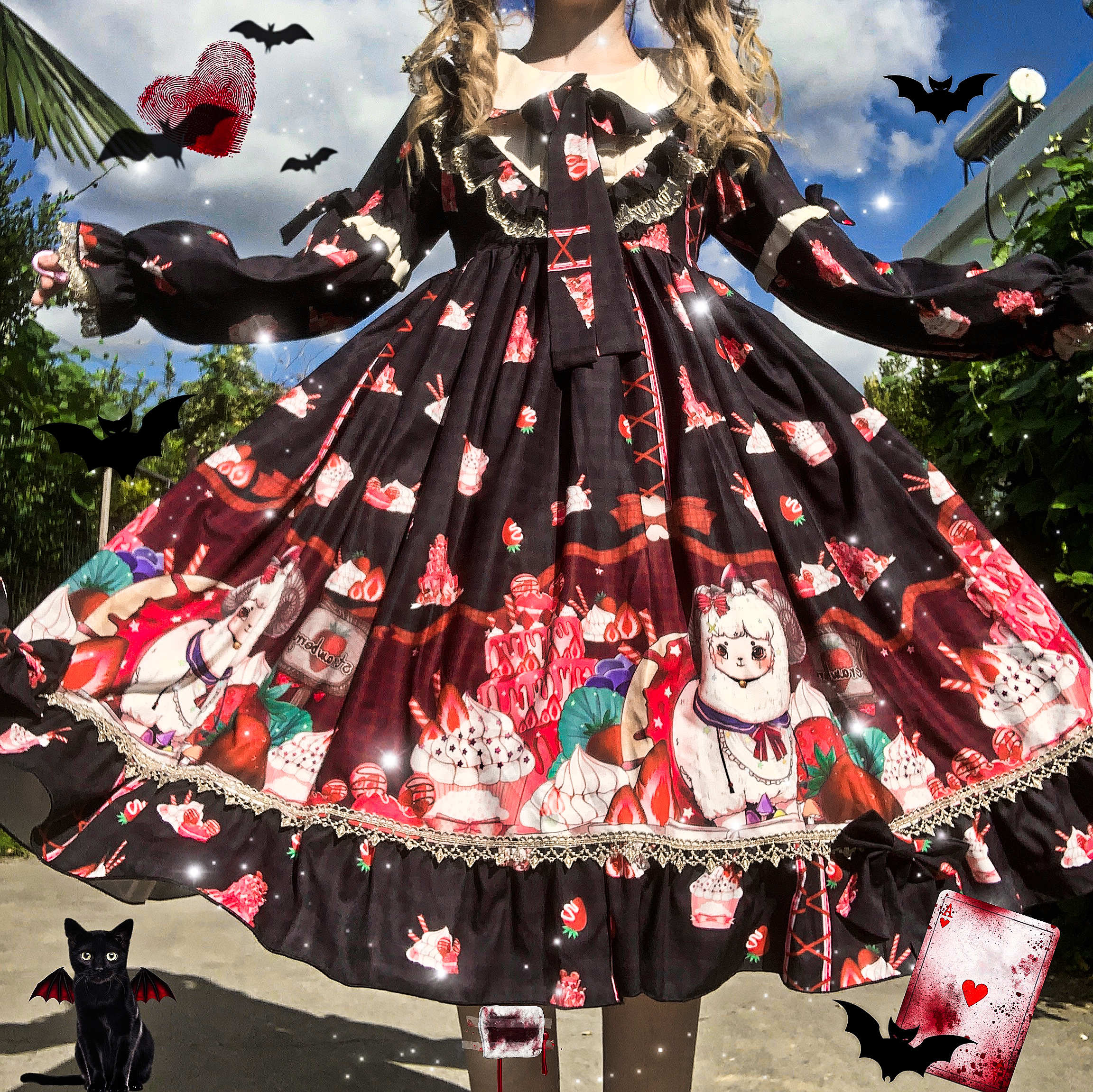 Kawaii girl gothic Lolita japonés retro sweet girl Lolita bowknot vintage, victoriano vestido palaciego lolita op cos: Negro / M