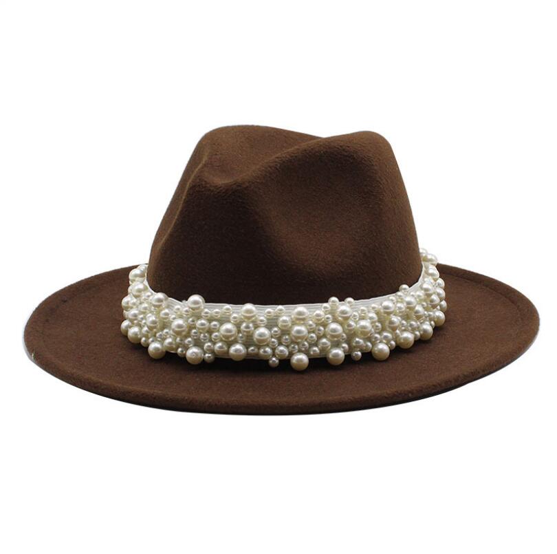 femmes hommes feutre Fedora chapeaux décontracté hommes femmes Imitation perle ruban bord Trilby formel casquette de fête: WYH-4907-3