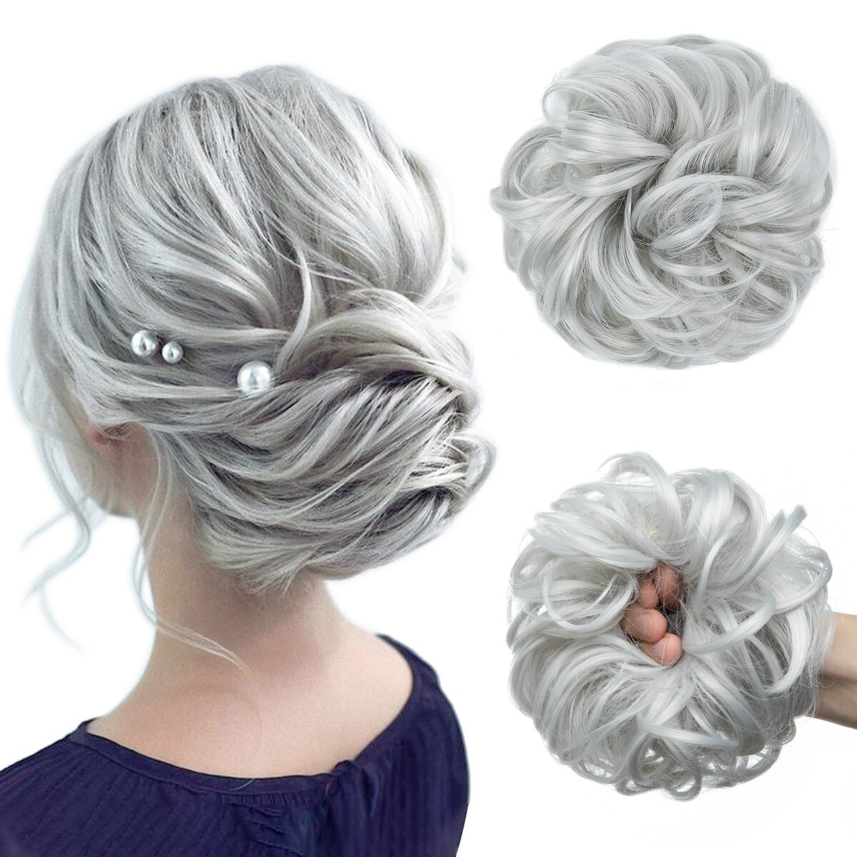 Extensiones de moño de pelo sintético desordenado, moño grande y rizado, gomas para el pelo elásticas, postizos, Donut Updo, piezas de cabello para mujer: T1/27