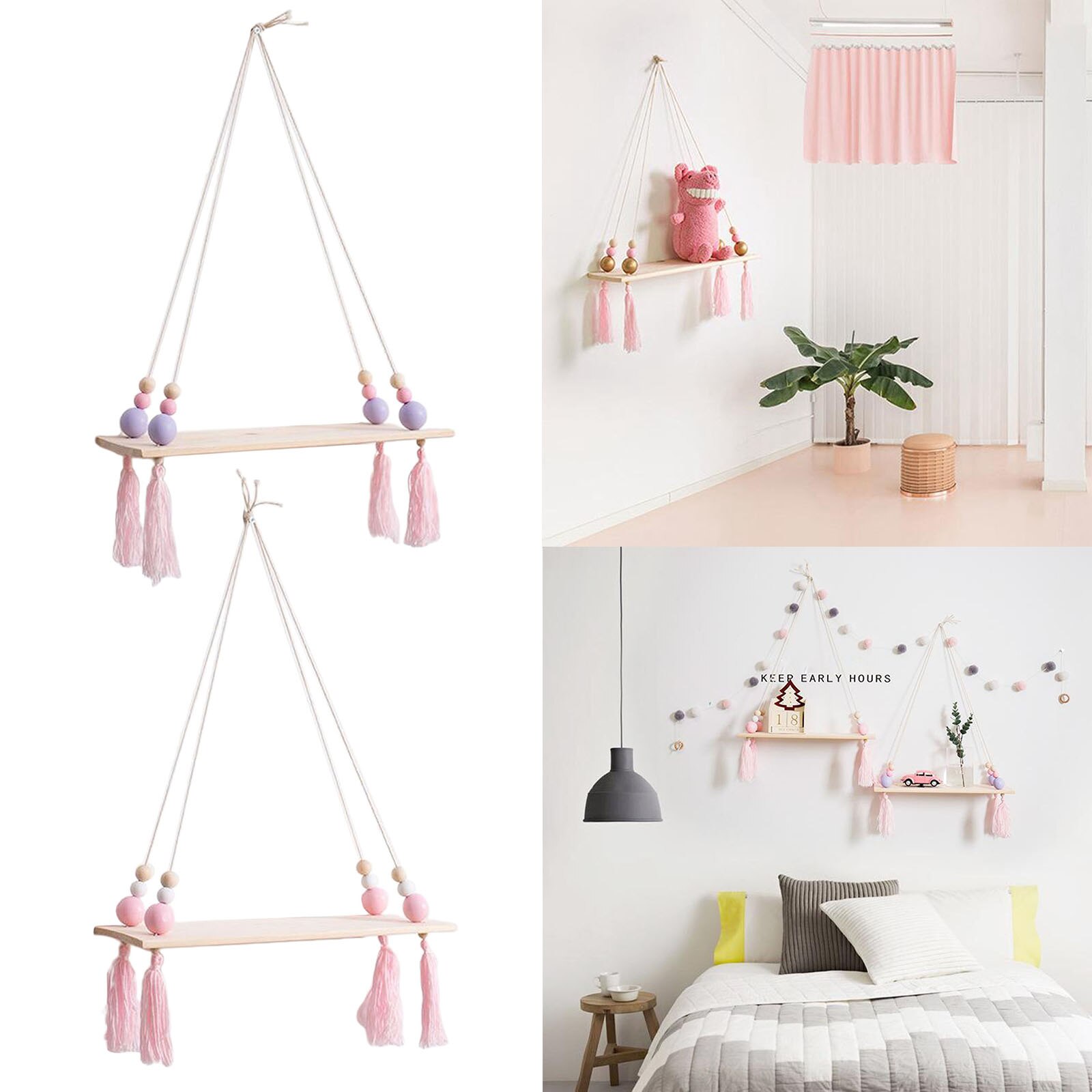 Wood ing Shelf Swing Rope Floating Wall Shelf Wall Hanging Wooden Shelves for Potted Plants/ Flower