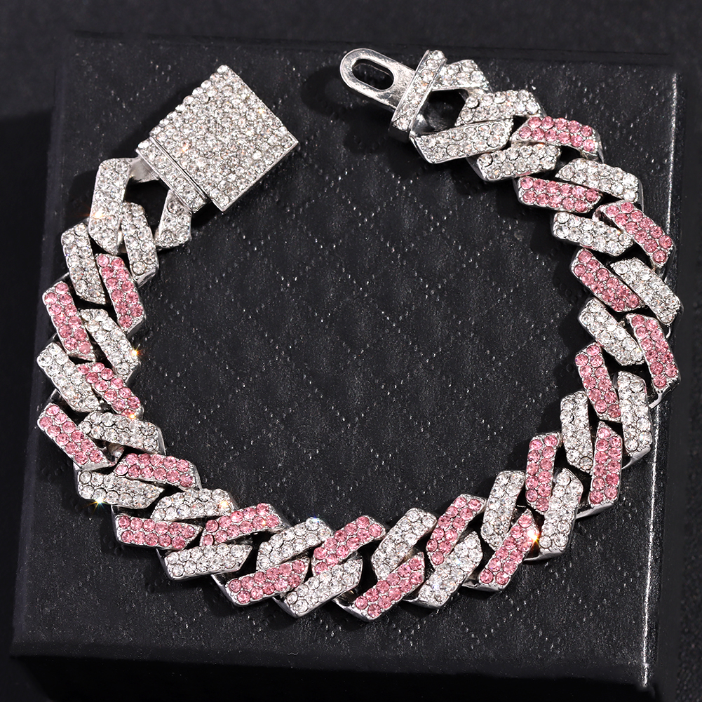 Pulsera de cadena de eslabones cubanos con punta de cristal helado rosa y azul a la para mujer, pulseras cubanas con diamantes de imitación ostentosos, joyería de Hip Hop
