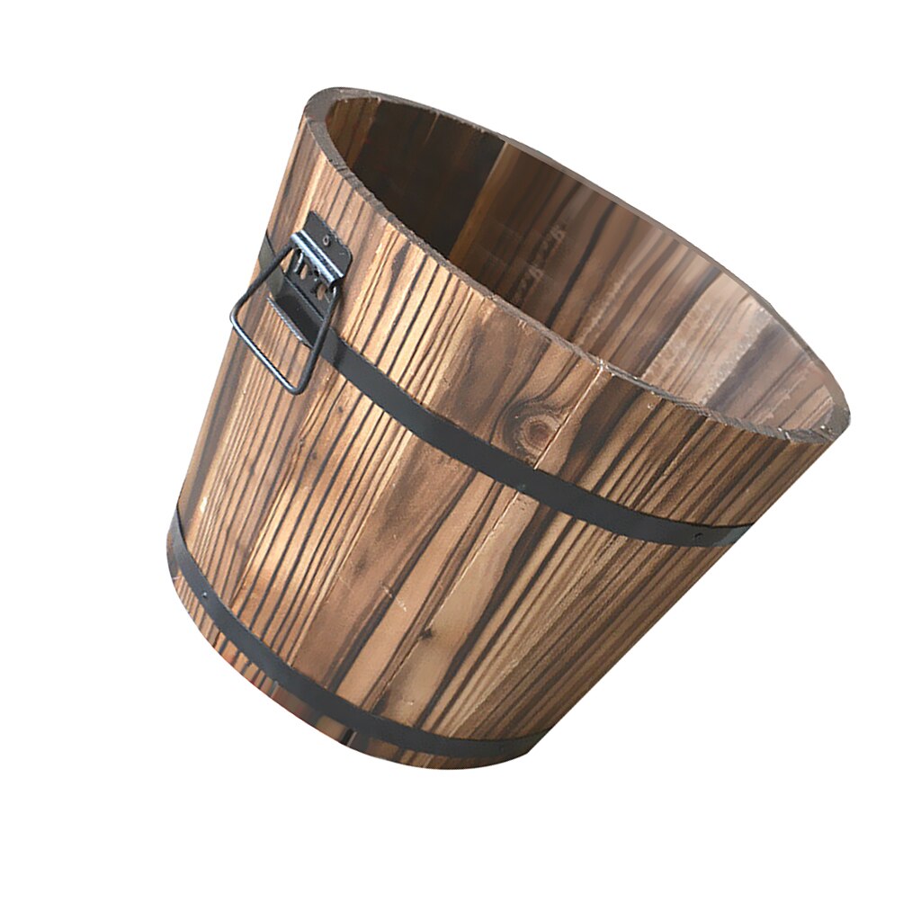 Set Of 2 Rustic Wood Bucket Barrel Rustic Whiskey Flower Garden Planters Pot with Handle for Home Garden Decoration