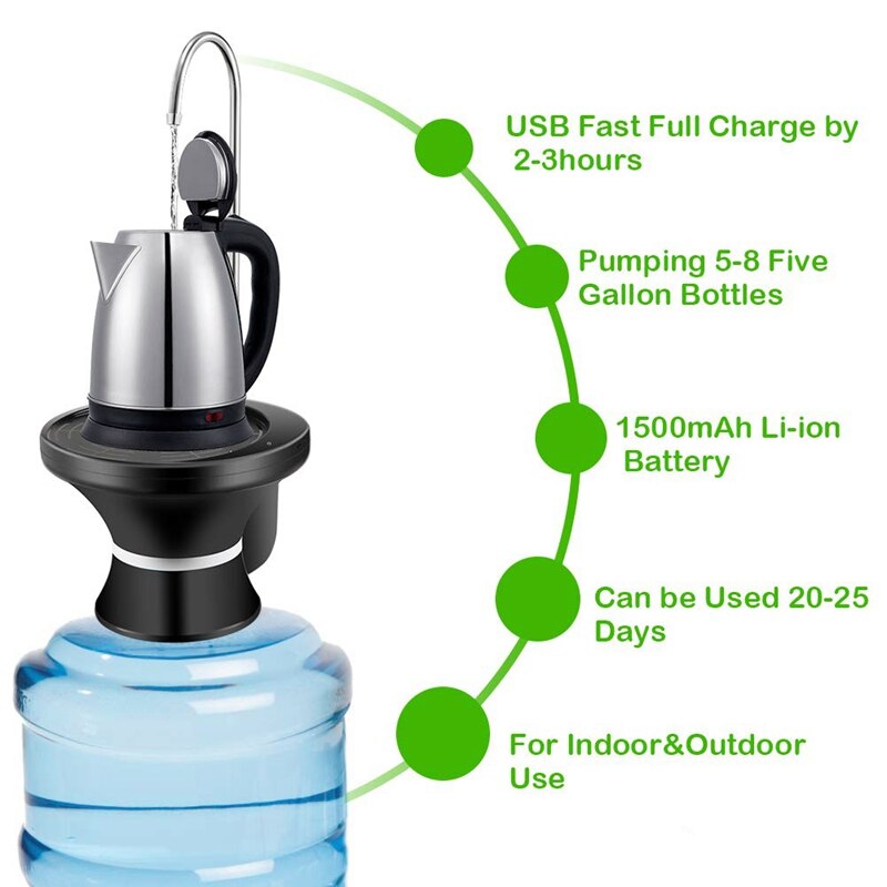 Pompe de distributeur de bouteille d'eau pompe de cruche d'eau potable électrique automatique pour bouteille de 1-5 gallons Usb Rechargeable Li-Ion Ultra-Hygie