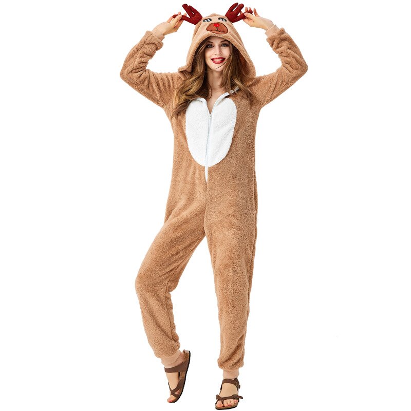 Volwassen koraal fluwelen kerst onesie rendierkostuums kerst eland homewear pyjama feest verkleedkleding