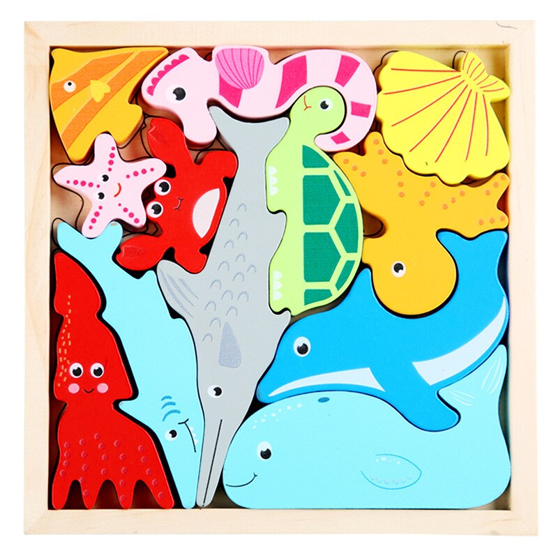 Cartoon Dier 3D Puzzel Hout Speelgoed Voor Kinderen Baby Hand Greep Board Groente-en Voertuig Houten Puzzels speelgoed: Marine animals