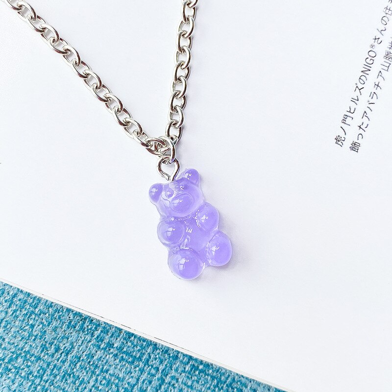 Collier en acier inoxydable fait à la main, 7 couleurs, mignon, ours de bonbons de dessin animé, pendentif de couleur bonbon, bijoux quotidiens pour femmes et filles, de fête: Purple