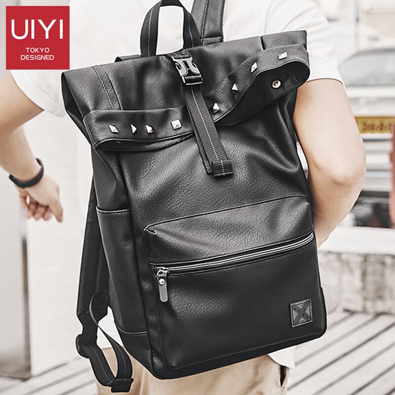 UIYI Men's Backpack PU Leather Korean Outdoor Travel Bag Large Capacity 14-inch Laptop Backpack Waterproof rivet school bag man