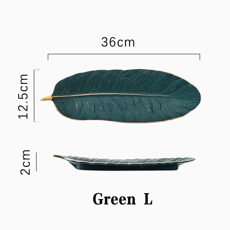 Leaf Ceramic Gold Inlay Cosmetics Jewelry Storage Tray Cake Candy Dessert Plate Key Watch Place Feather Plates Decorative Plate: green L