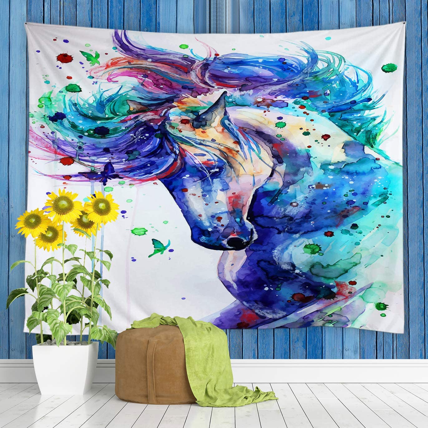 Aquarel Paard Wandtapijt Fantasy Sprookje Dier Bos Abstract Kleurrijke Hippie Art Wall Opknoping