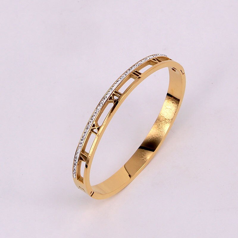 Gouden Manchet Armbanden Pulsera Inoxydable Hollow Out Cubic Zironia Romeinse Nummer Armbanden Bangles Accessoires Party Bruiloft