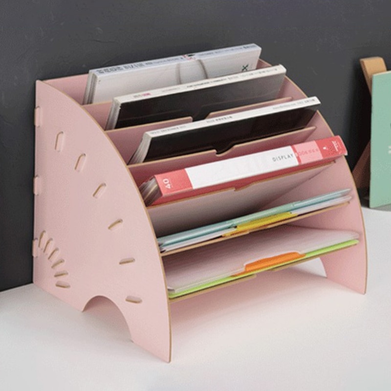 Fan-Shaped Wooden Desktop File Holder Office Desk Organizer DIY Document File Cabinet Multifunction Magazine Book Shelf M17F