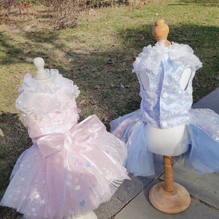 Vestido de lujo con lentejuelas y lazo para perro, vestido de princesa de color azul claro y rosa, a la , tutú de boda para perros pequeños