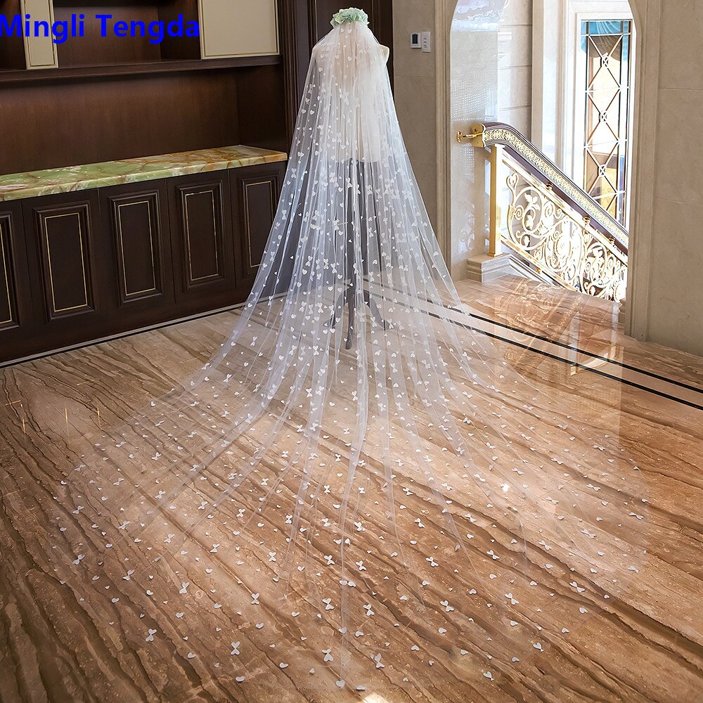 Mingli tengda vlinderkant luxe bruidssluier 4 m lange bruidssluier kathedraalsluier met com sluiers bruidsaccessoires velo