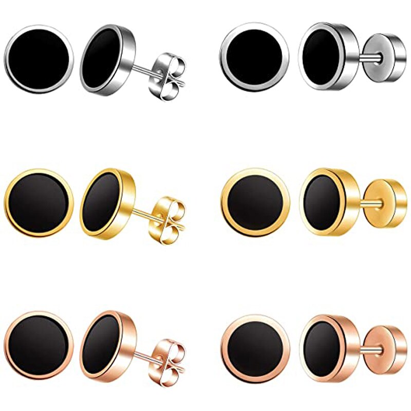 6 Paare Mens Womens Schwarz Zucht Ohrringe rostfrei Stahl Illusion Tunnel Stecker Schraube zurück und Reibung zurück - 8MM: mischen einstellen-6 Paare