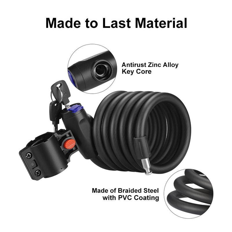 Cykellås, cykellås kabellås lindade säkra nycklar cykelkabellås med monteringsfäste ,1800mm