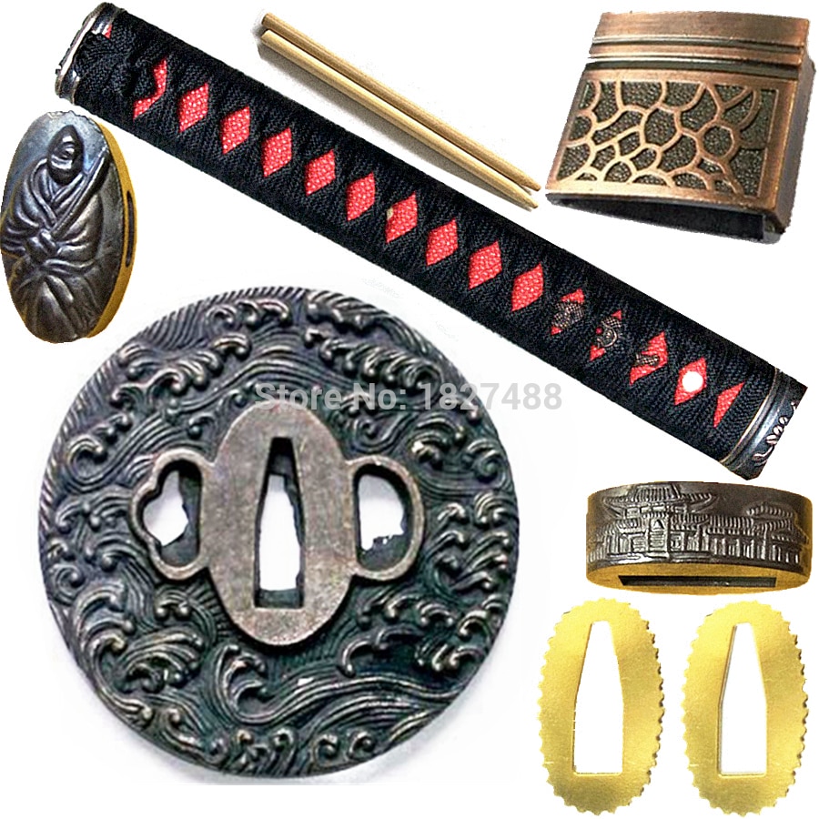 Sea Wave Sword Guard for Katan/Wakizashi/Tanto Fittings Set Alloy Tsuba+Menuki+Fuchi+Kashira+Handle+Habaki+Seppa Metal Crafts: Set Handle