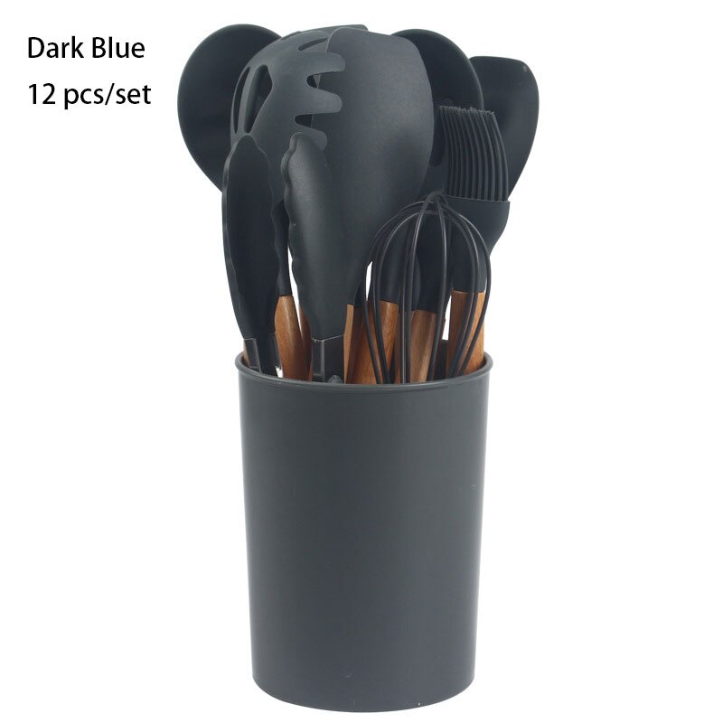 12Pcs Silicone Cooking Utensil Set Wooden Handle Spatula Soup Spoon Brush Ladle Pasta Colander Non-stick Cookware Kitchen Tools: 12 pcs Dark Blue set
