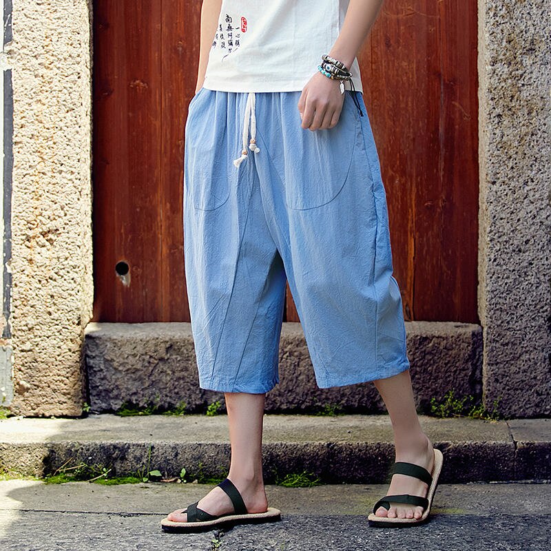 Homme pantalon hommes sarouel ample grande taille pantalon jambe Large Style chinois lin pantalons décontractés ample: sky blue / XL
