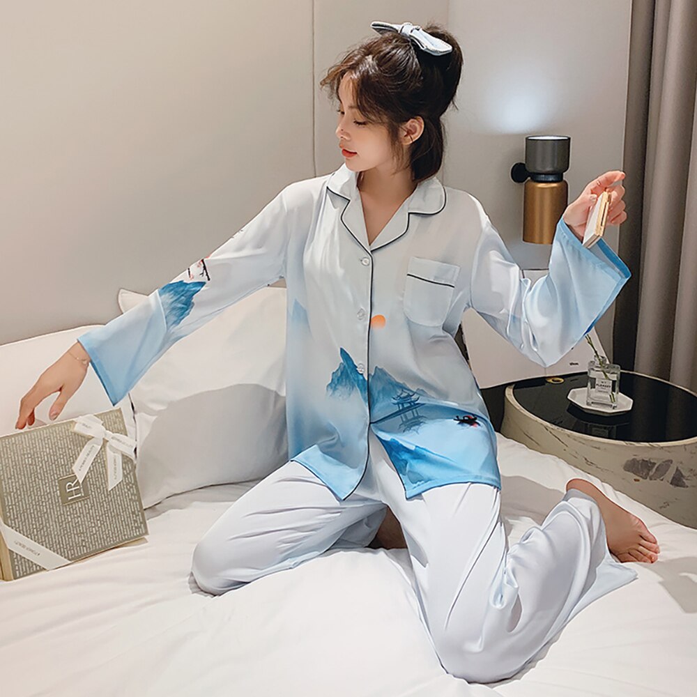 ChunShang Pajamas Women Ice Silk Long-Sleeved Two-Piece Cardigan Korean Style Simple Summer Home Service