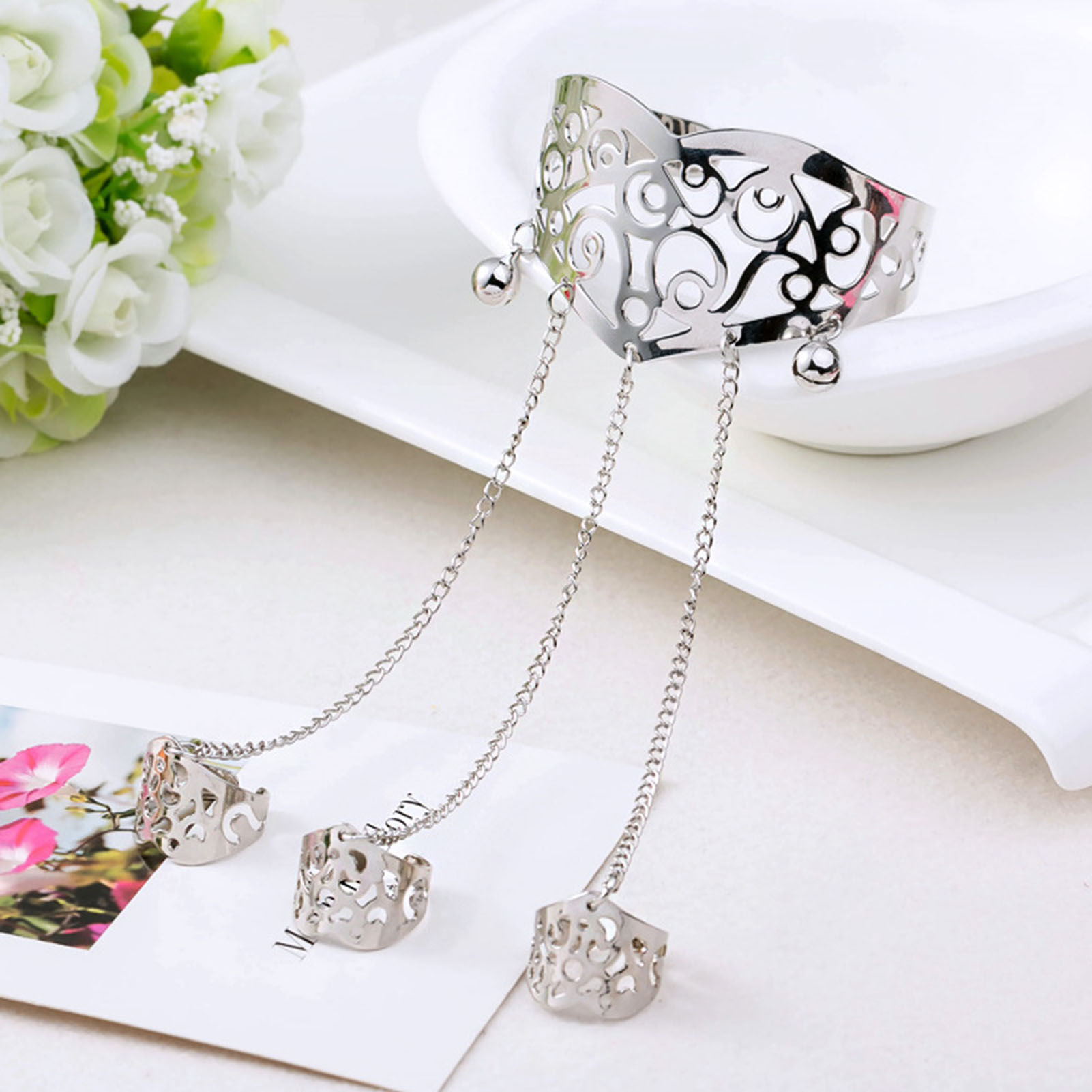 BLUELANS frauen Multilayer Metall Drähte Strings Open Armreif Breite Manschette Armband Hand Kette Ring Armband браслеты на руку: g