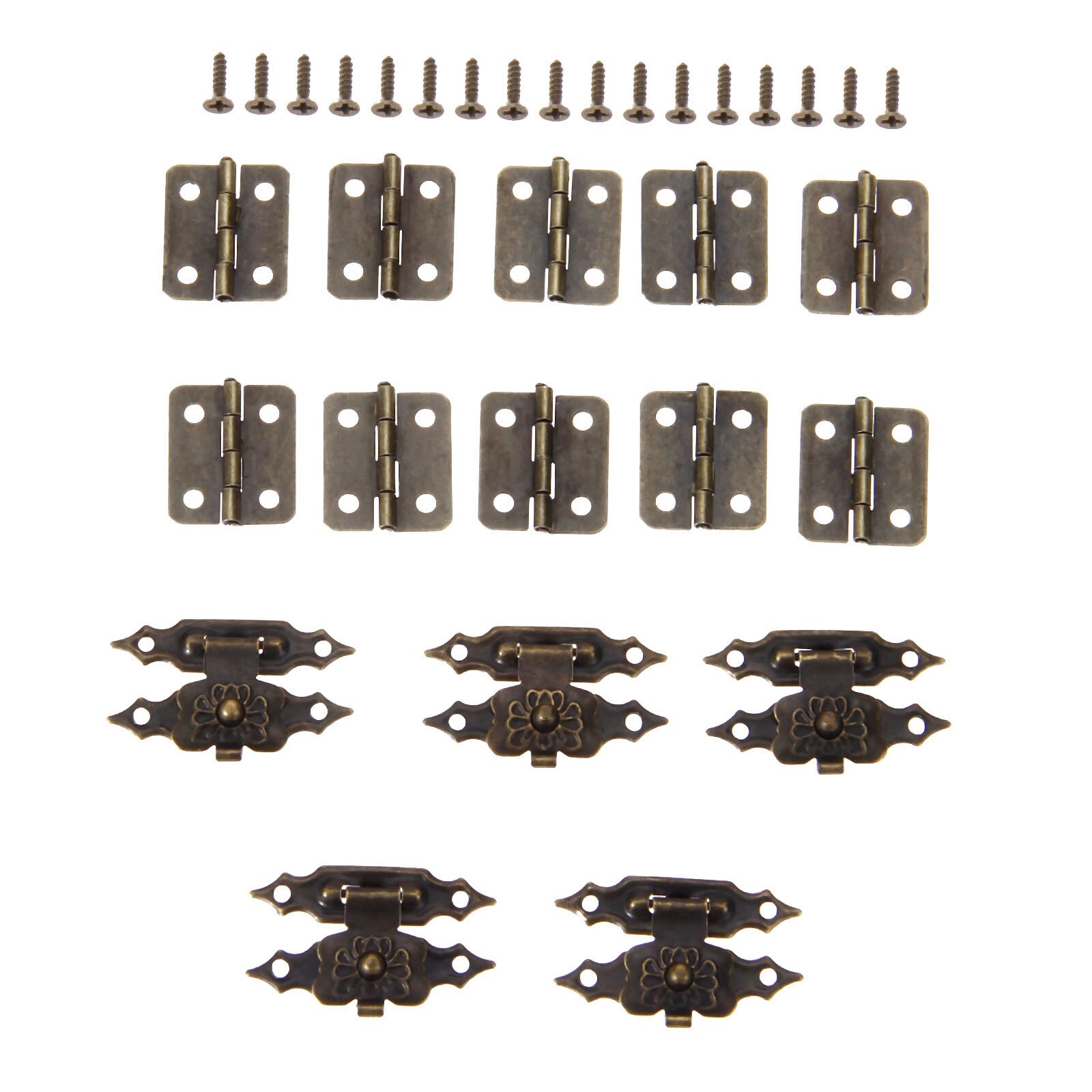 30 pçs/set Caixa de Bronze Antigo Fechos 38*18mm + Dobradiça Trava Ferrolho 18*16 milímetros w/parafusos Flor Fivela Cadeado Fechamento do Caso de Jóias de Madeira Decoração