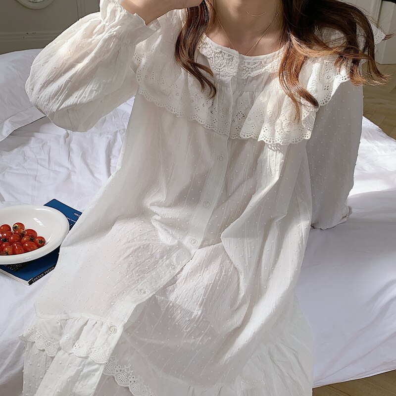 Casual Jacquard Lacework Witte Nachtjapon Vrouwen Stip Enkele Breasted Ruches Lange Mouwen Nachthemd Slaap Jurk Koreaanse D108