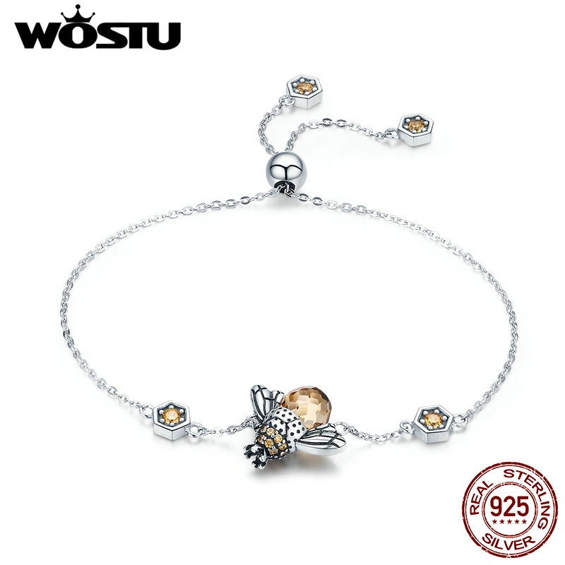 WOSTU-pulsera de eslabones de cadena de abeja para mujer, de corona de Plata de Ley 925 auténtica, pulsera de cristal de piedra grande, de joyería CQB043