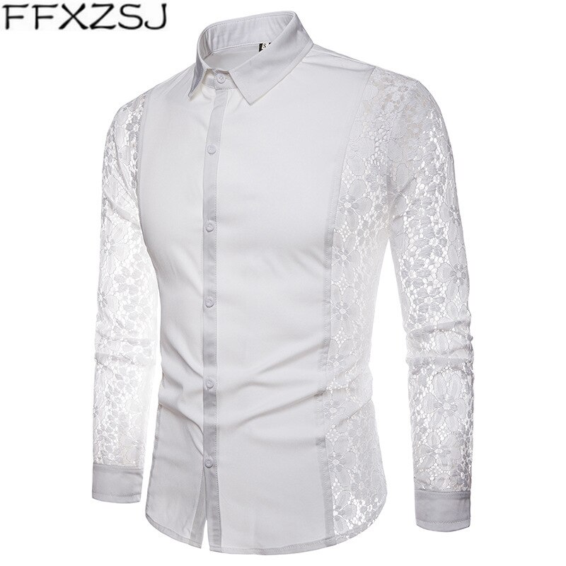 Ffxzsj mænd casual skjorter efterår blonder ærmer bomuld herre langærmet skjorte casual hvid sort dress skjorter