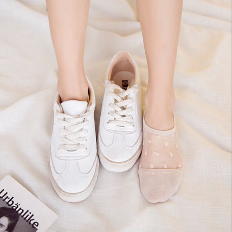 Women Lace Socks Crystal Glass Silk Knit Girl Dot Print Transparent Summer Invisible Sock Slippers