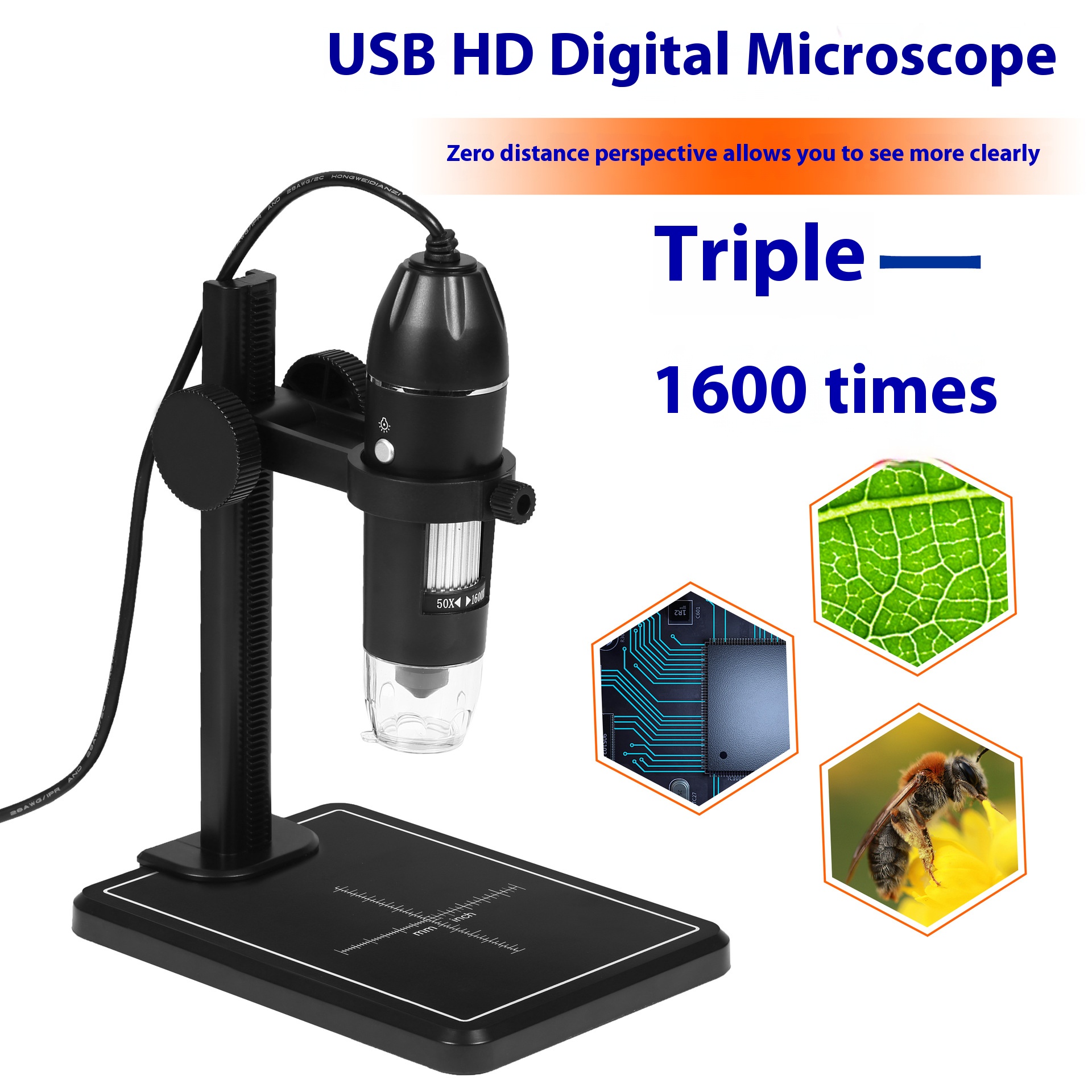 Digital Usb Microscope Three In One 1000X Electron Microscope 1600X Maintenance Magnifying Glass: Yellow