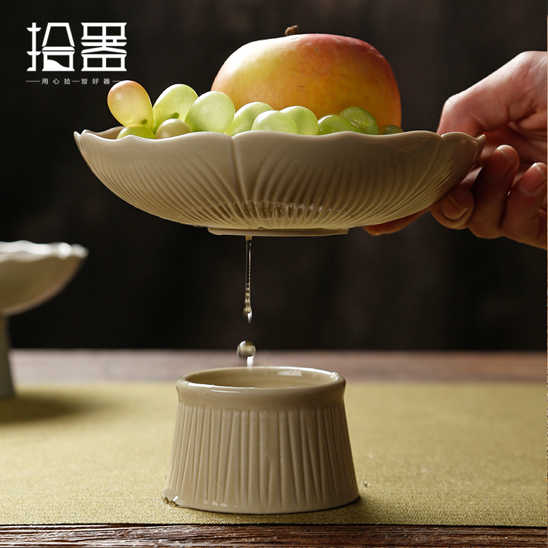 Drainable Ceramic High Leg Plate Dessert Refreshment Plate Dried Fruit Japanese Fruit Dish Chinese Tray for Buddha Fruit Plate
