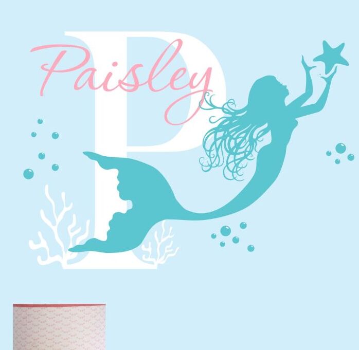 Custom Girls Name Wall Sticker Bauty Mermaid Wall Art Decal Girls Room Nursery Decor Mermaid Bubbles Wall Art Decal AZ258: As the picture / 57x43cm