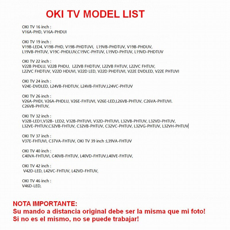 Control remoto RC1900 para OKI TV 16, 19, 22, 24, 26, 32 pulgadas, 37,40, 46 ", V19, L19, C19, V22, L22, V24, L24, v26... L26... C26... V32... L32... C32 V37
