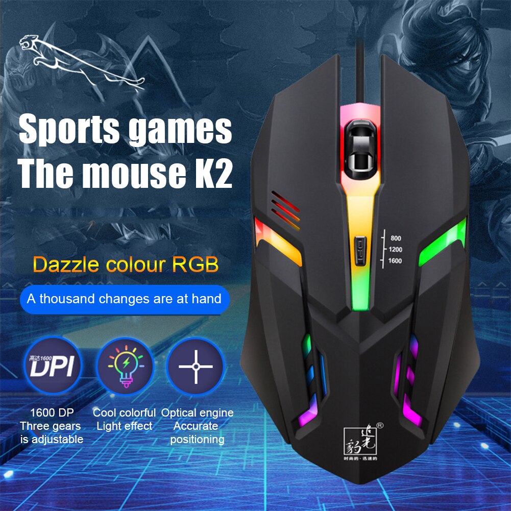 K2 Computer Gaming Mouse with RGB light Luminous Wired Mouse with 3 DPI levels USB Wired Mute Mice For Desktop Laptop PC
