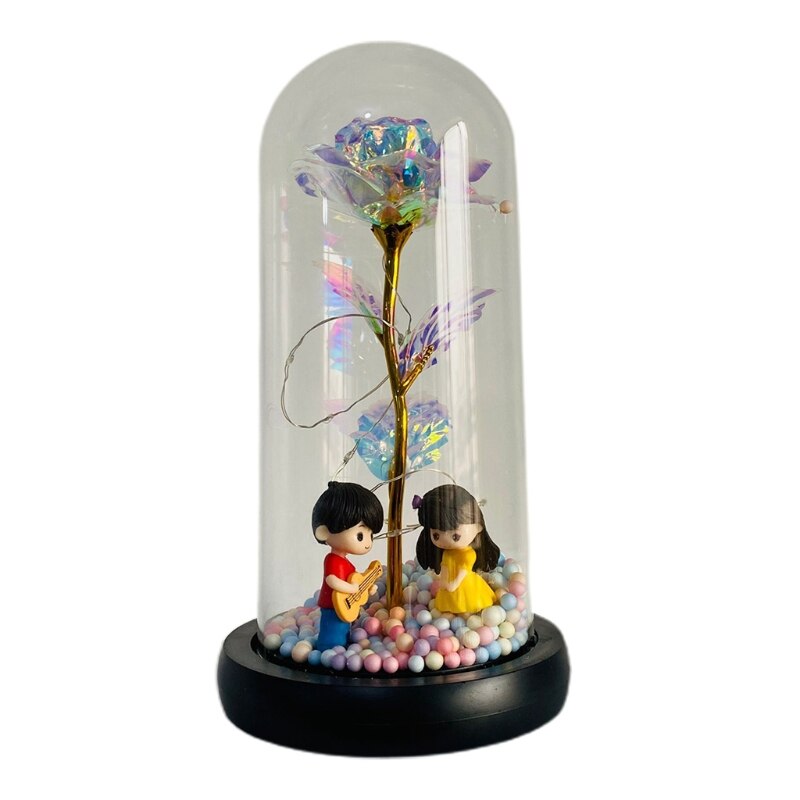 Gold Foil Rose Flower Bear in Glass Dome with LED Night Light Mothers Day Valentine's Day Wedding Party Decoration: 10