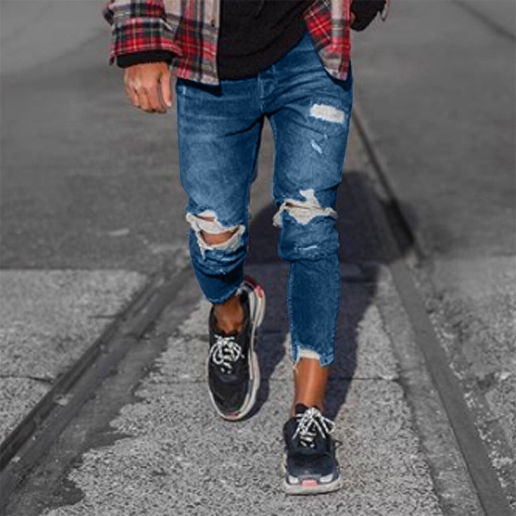 Pantalones largos de lápiz rasgados pantalones vaqueros delgados de primavera agujero de para hombres pantalones delgados de Hiphop pantalones ropa 7: L