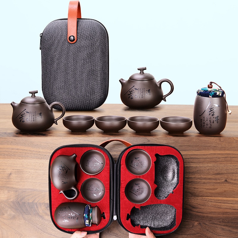 Tetera de kungfú, tetera bonita y fácil, tetera portátil de cerámica de viaje china, bandeja de cerámica, taza gaiwan para café