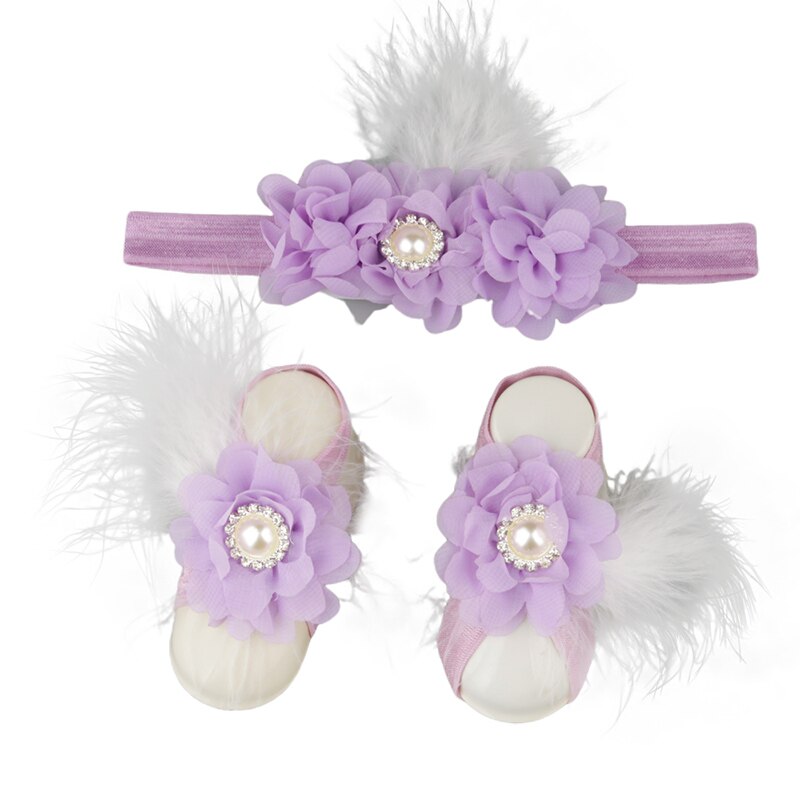 Baby Meisjes Bloem Sandaal Hoofdband Elastische Haarband & Peuter Barefoot Sandalen 1 Paar Baby Photo Prop Set: 5