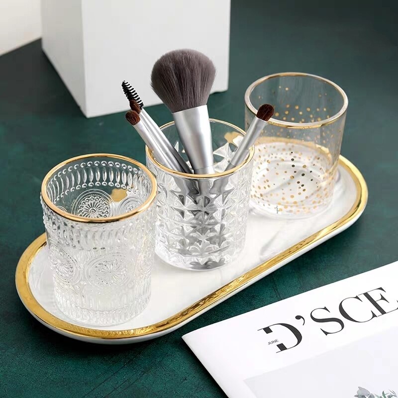 Glass Makeup Brushes Holder Make up Organizer Table Cosmetic Brush Bottle Jewelry Storage Box Ornaments Tray