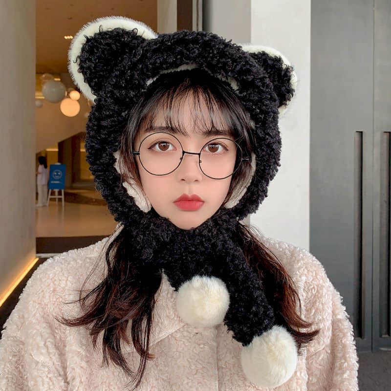 Female hat wild winter warm round face big face thinner hat scarf one Sweet and cute kawaii Bear ears Plush ball Matte: black 01