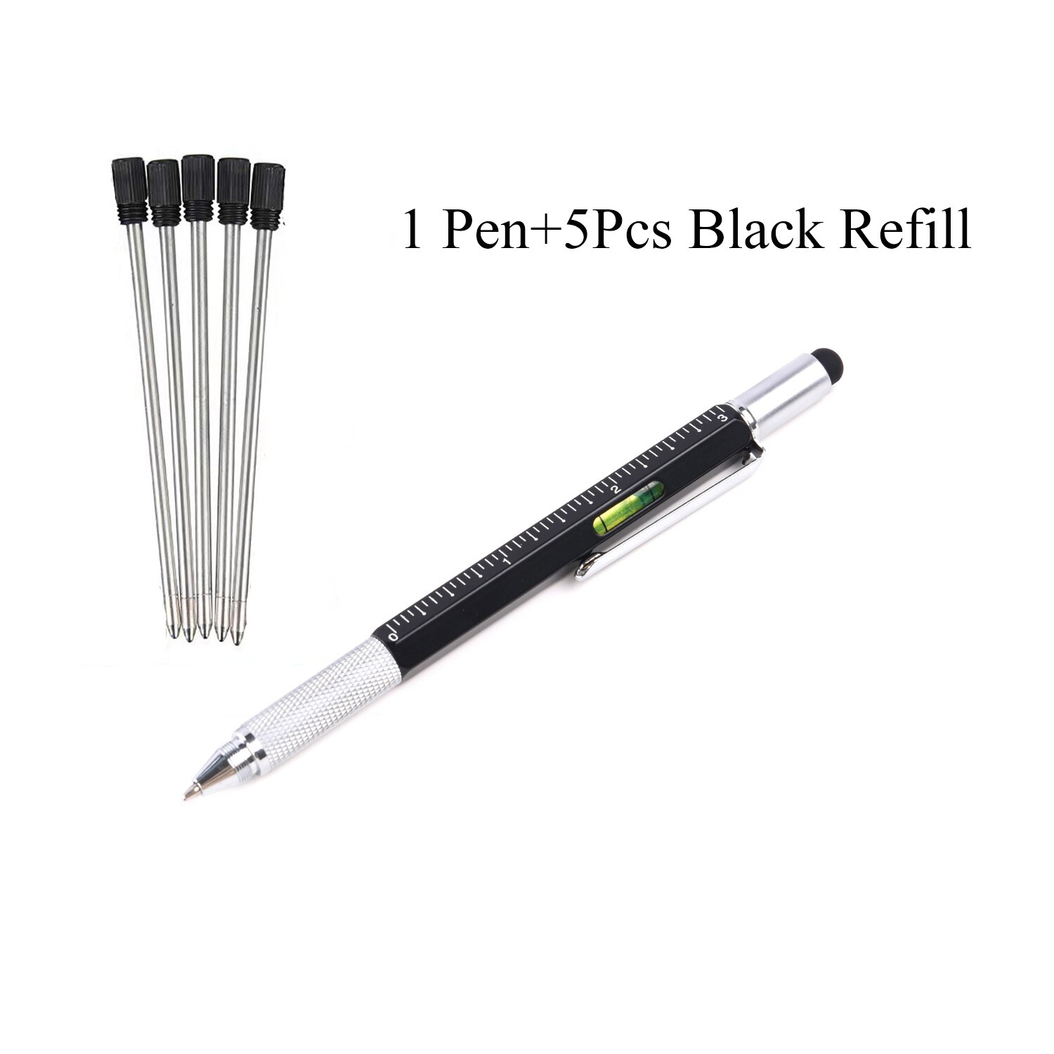 7 In1 Multifunction Handheld Screwdriver Tool Ballpoint Pen Measure Technical Ruler Screwdriver Touch Screen Stylus Spirit Level: Black With 5PC Black