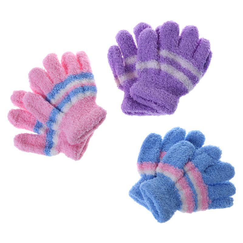 1 Paar Baby Handschoenen Warm Winter Volledige Vinger Thermische Coral Fleece Kinderen Jongens Meisjes Kleurrijke Streep Zachte Elastische Effen: Default Title