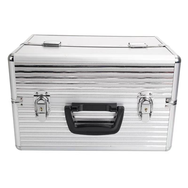 [US-W]Handy Stylish Three Stripes Aluminum Makeup Storage Box with Keys Silver Multi layer portable belt190813317