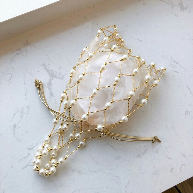 Style Hand Cut Beaded Woven Bag Pearl Bag Fishing Net Cabbage Basket Handbag Female Bags for Women