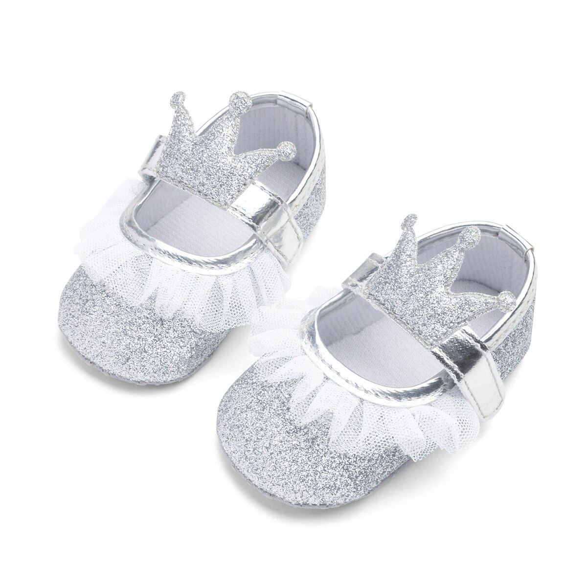 Nyfødte baby pige pailletter glitter krybbe sko + hårbånd bløde sål sko søde sommer prewalker: Sølv / 0-6 måneder